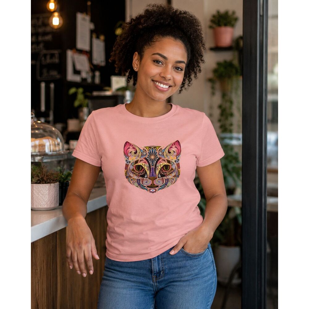 Salmon Pink T-Shirt with Mandala Cat Face